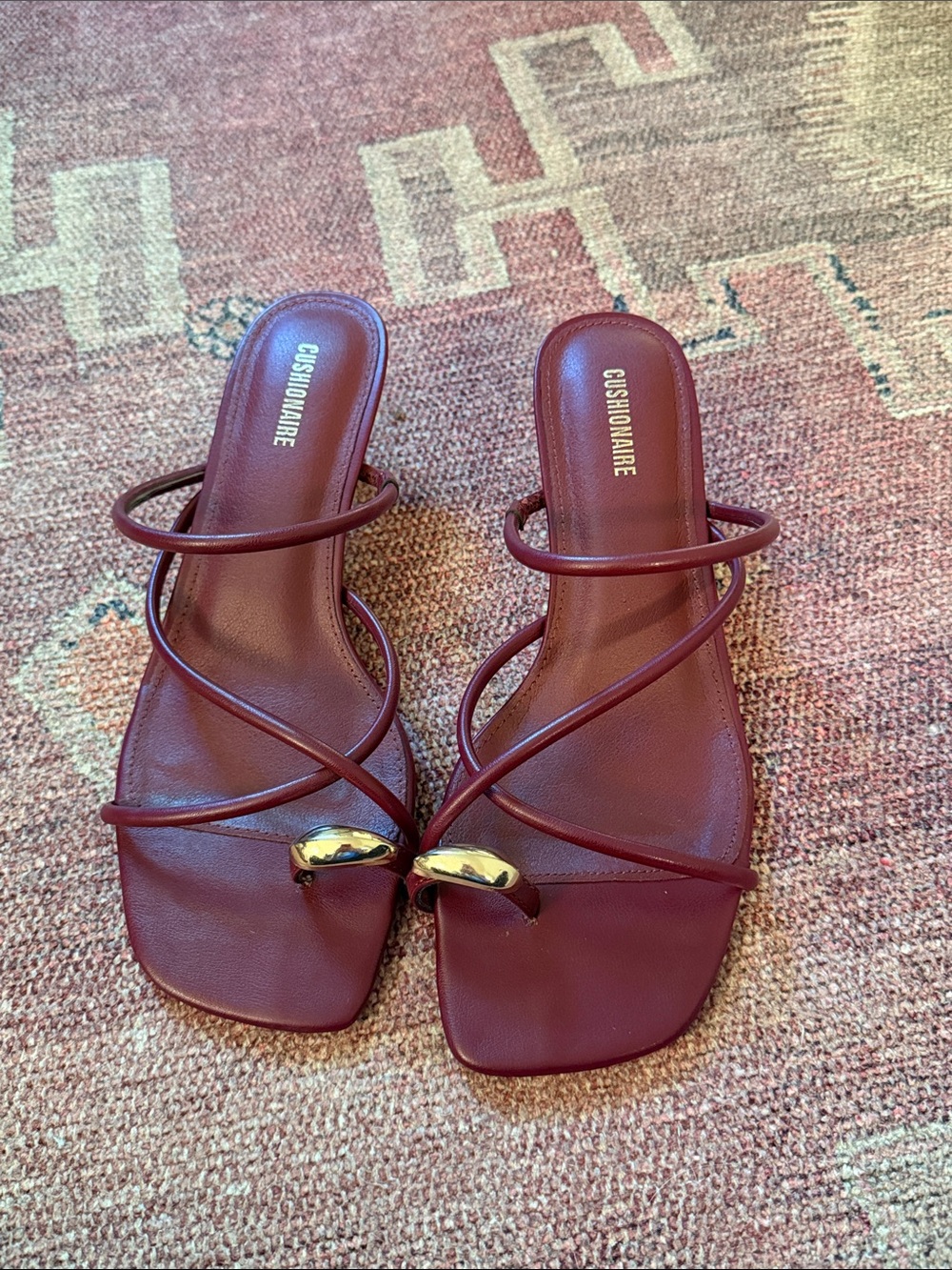 Cushionaire Women's Burgundy Strappy Slide Sandals with Gold Accent